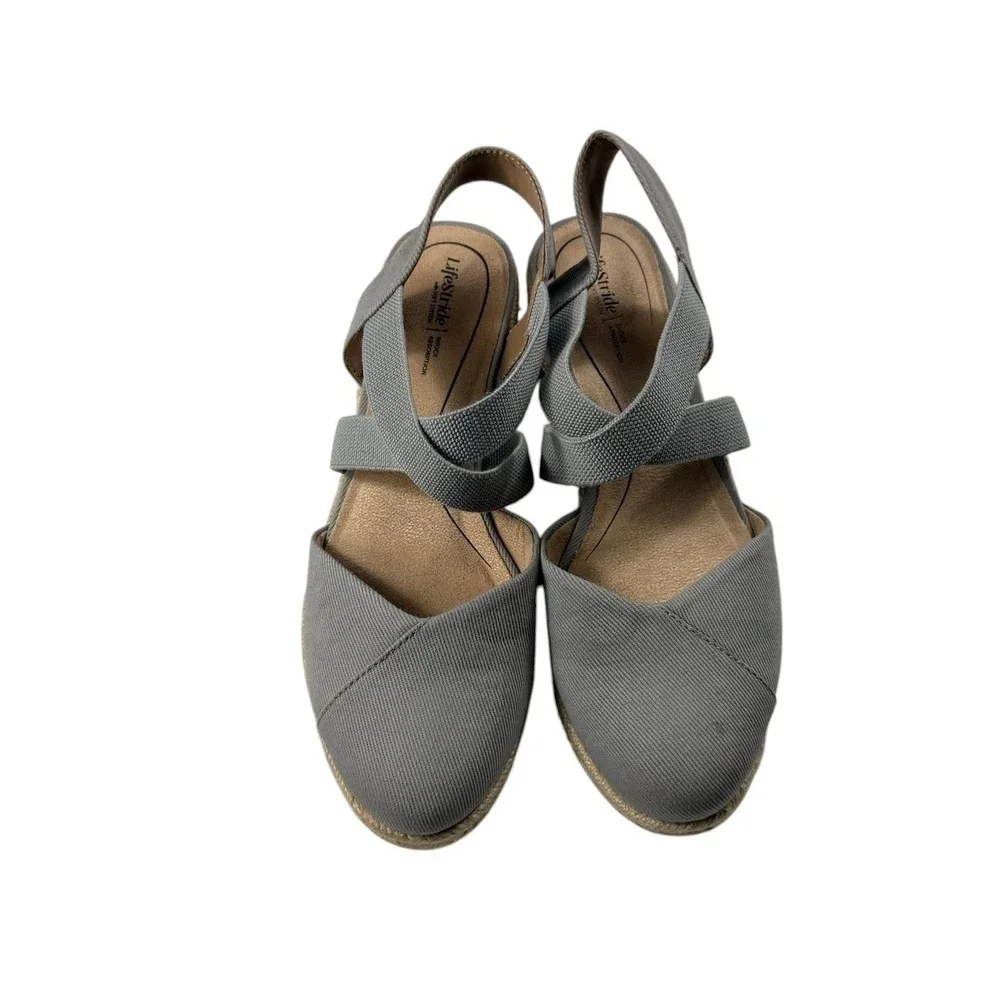 LifeStride Kimmy Grey Fabric Espadrille Wedge Sandals Womens 7W Round Toe Casual
